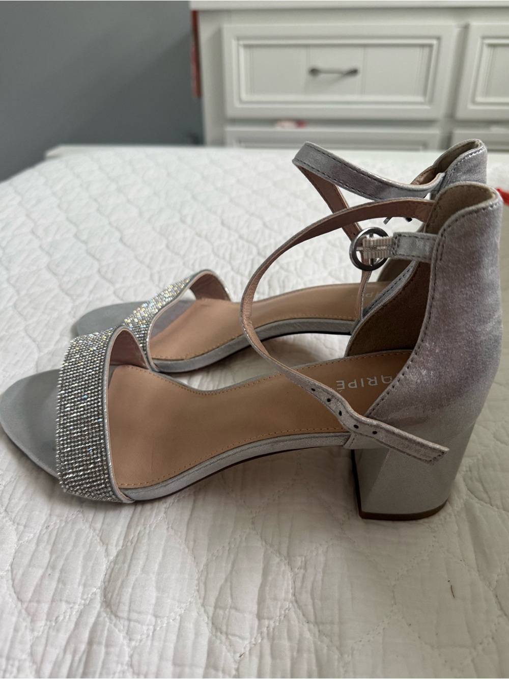 Maripe Silver Rhinestone Block Heel Sandals with Ankle Strap